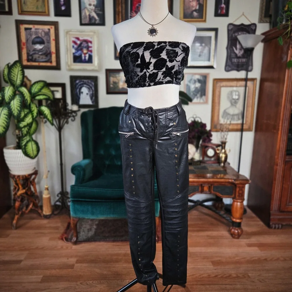 Faux Leather Biker Pants Black Lace Up Front Studded Moto Trousers Women Medium